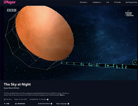 3D animation for Oxford Space Systems featured on the BBC video still of a 3d animation of a space equipment
